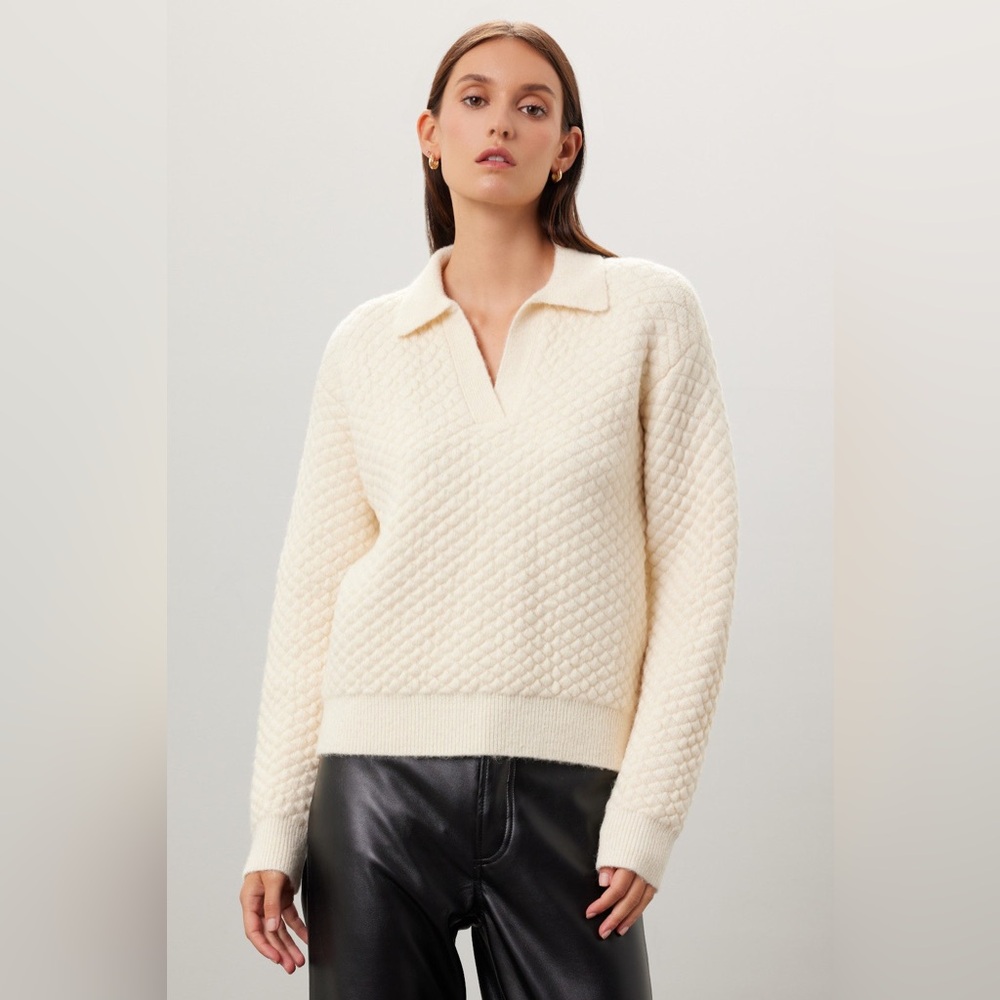 NWOT English Factory Textured v neck Sweater, collar, Ivory, Medium